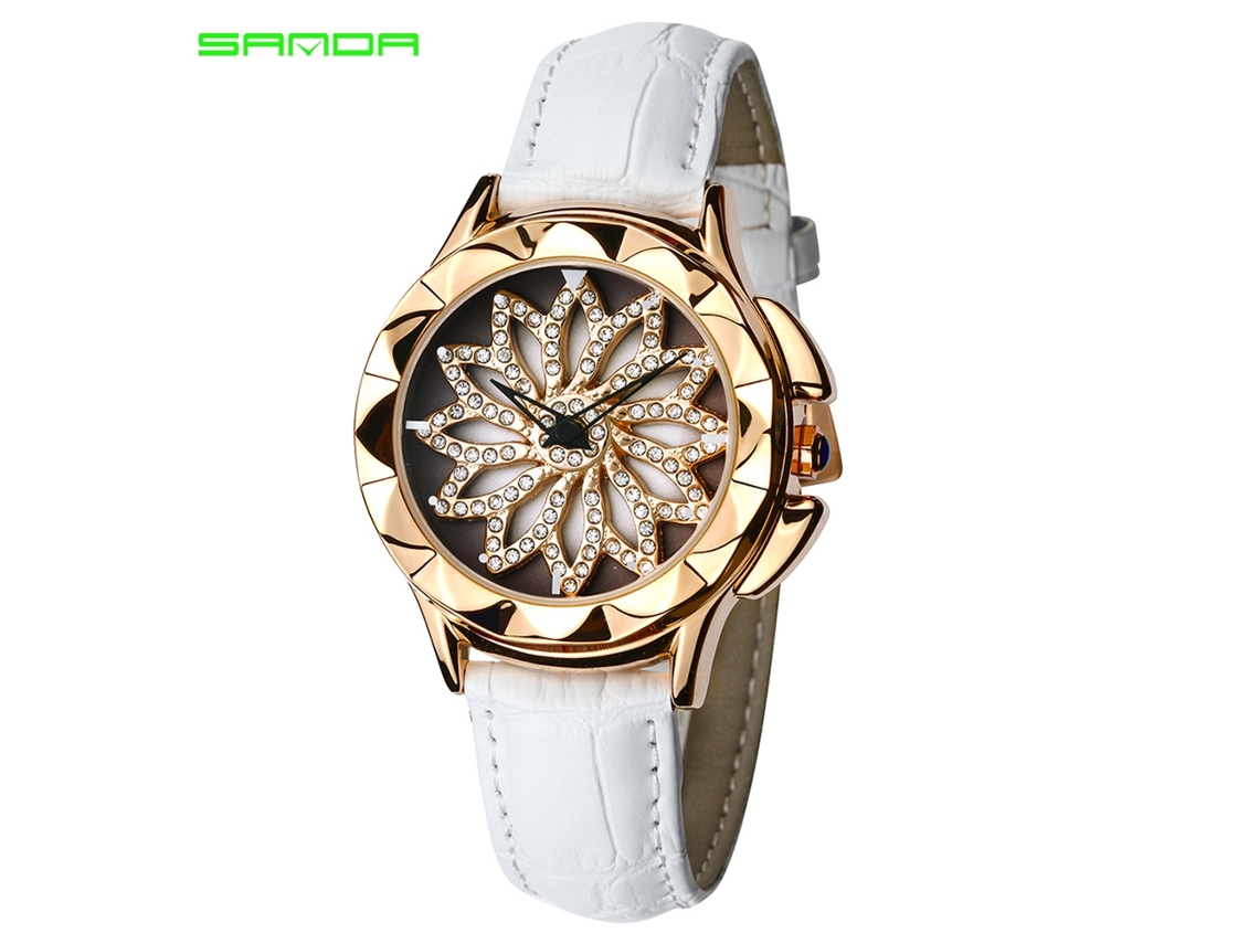 Relógio Feminino Analógico de Quartzo com Pulseira de Couro Strass Flor Branco
