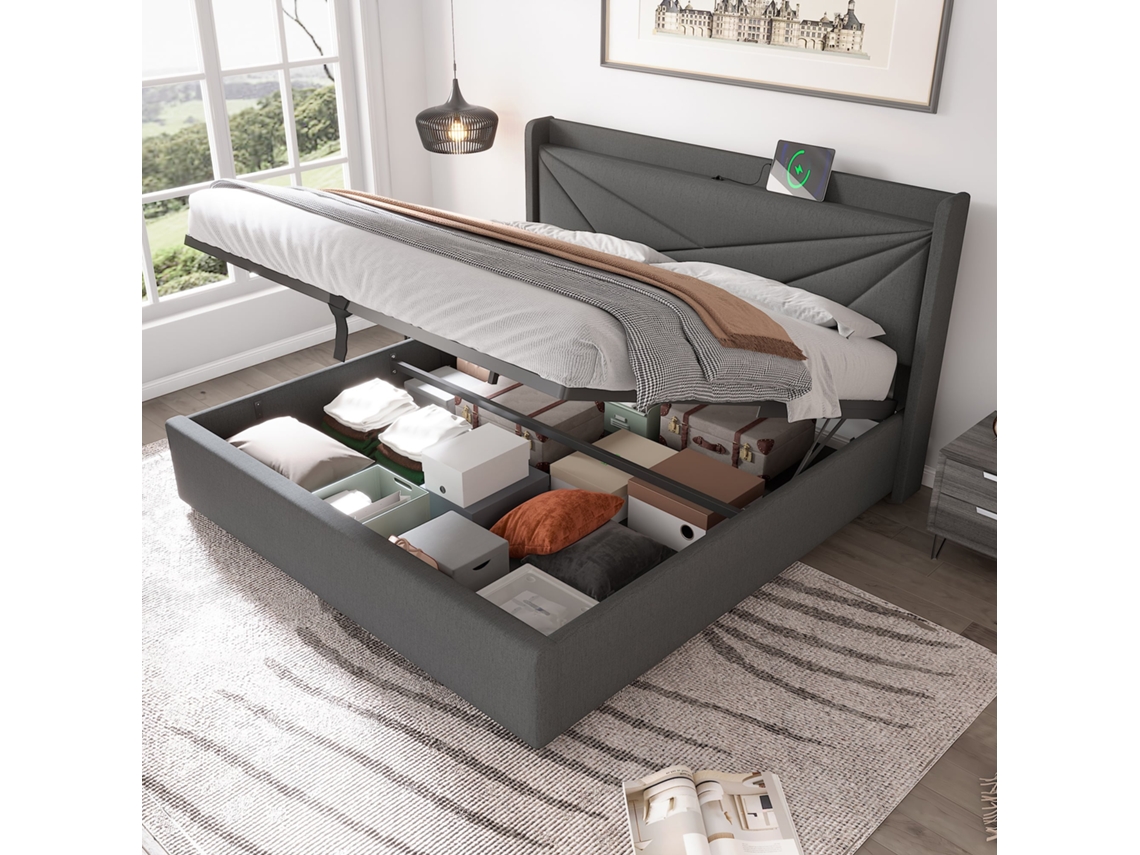 Cama 160x200cm com gavetas, Usb c, cabeceira estofada, ripas de madeira, 300kg, sem colchão cinza KOMHTOM