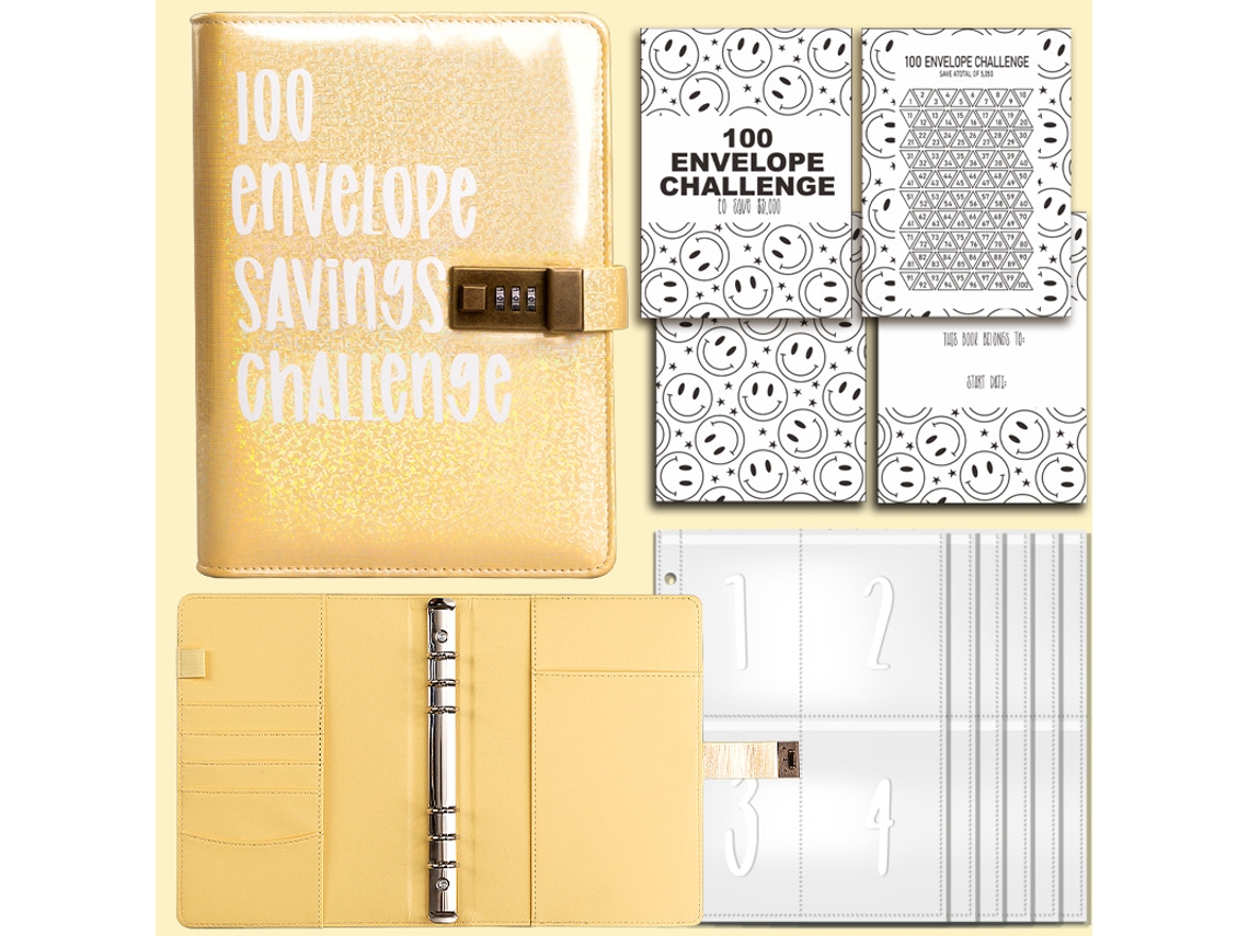 100-envelope Challenge Savings Binder With Combination Lock, Loose Leaf Notebook For Couples, Iridescent Yellow 8 5-inch