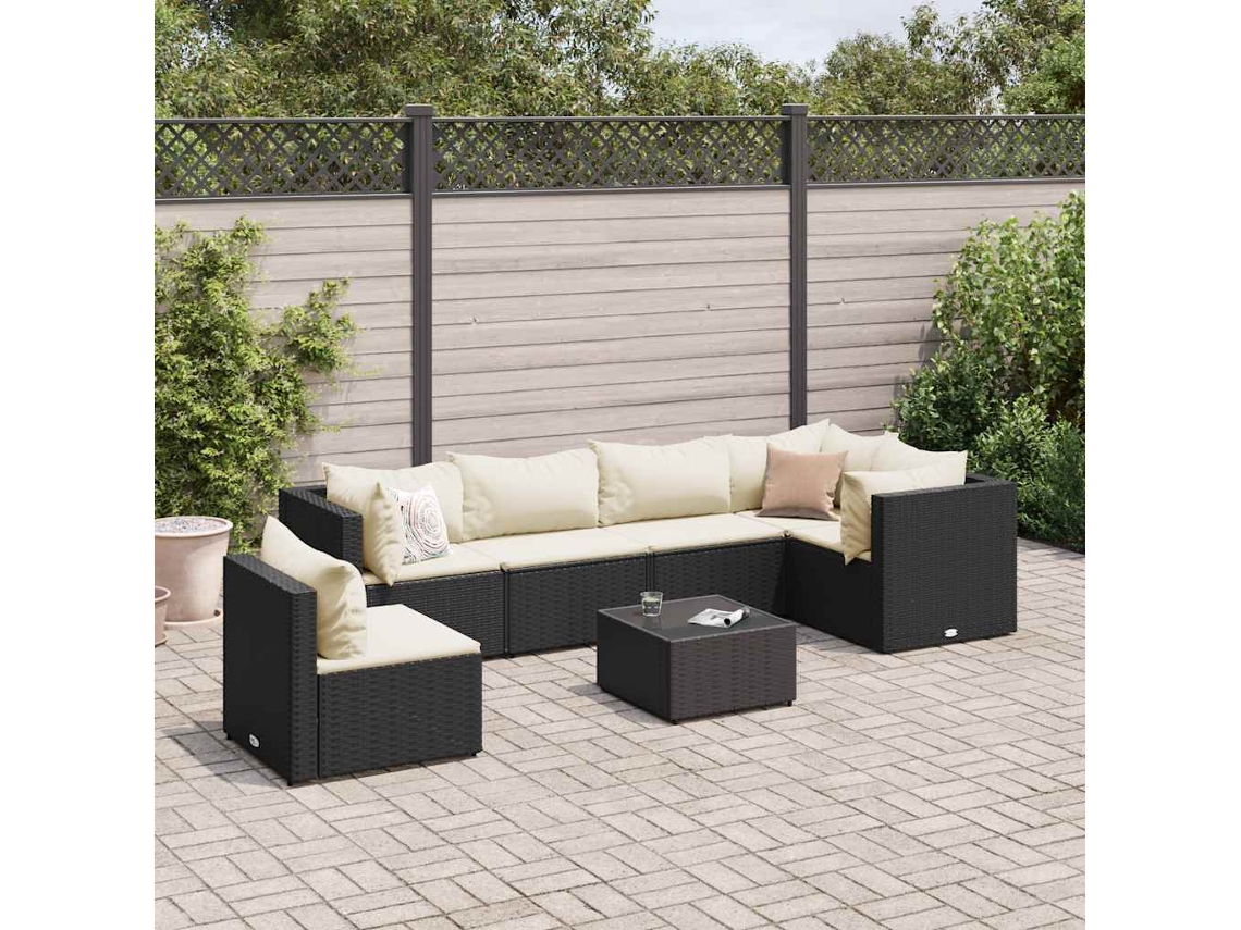 Vidaxl 7 Pcs Conjunto Lounge De Jardim C/ Almofadões Vime Pe Preto