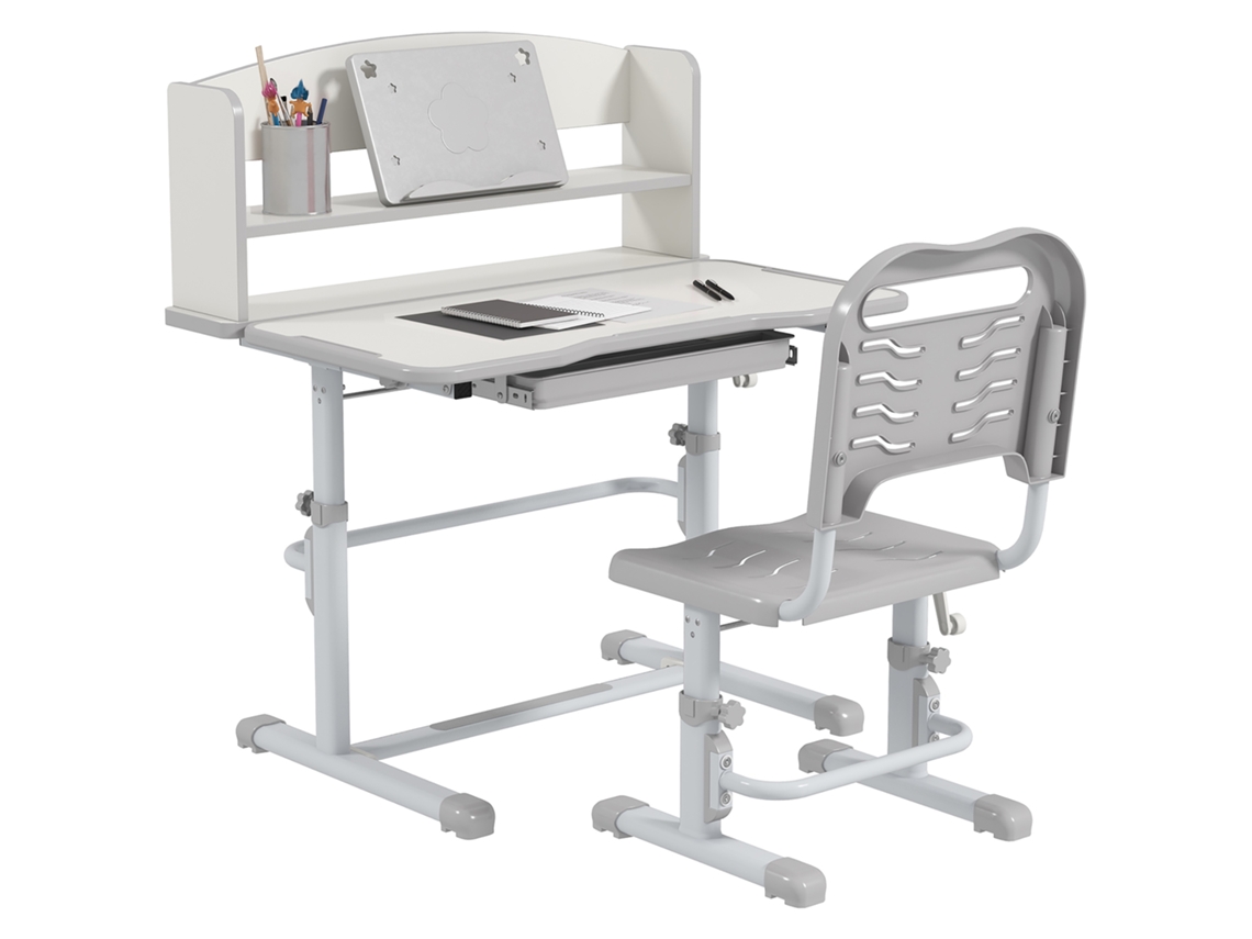 Conjunto De Secretária E Cadeira Infantil Com Altura Ajustável E Ângulo De Mesa Ajustável 80x54,5x82-104 Cm Cinza E Branco