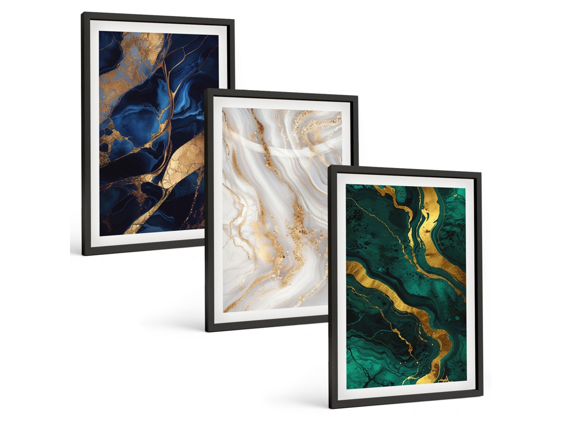 Quadros Decorativos Para Parede Padrões Abstratos Em Azul E Verde Moldura Preta Imagens Para Um Quarto Infantil Espelharte (3 Piezas De 40x60 Cm)