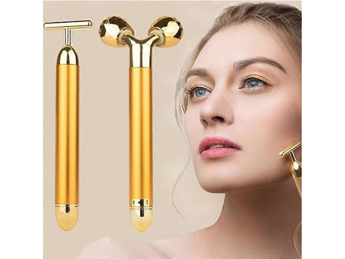 Massageador Facial 2 em 1 Dourado com Rolos Dourados: Elétrico 3d e Formato T para Braç Os, Olhos, Nariz Cabeça GOKOCO