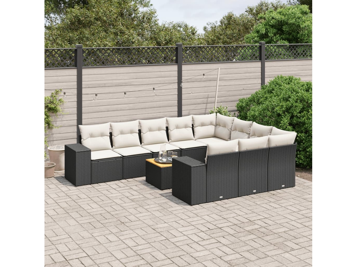 Vidaxl 11 Pcs Conjunto Sofás De Jardim C/ Almofadões Vime Pe Preto