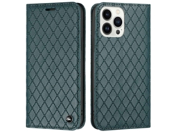 Capa Textura Lichia Bloqueio Para Iphone 14 Pro Max Pele Sintética Anti-riscos Verde