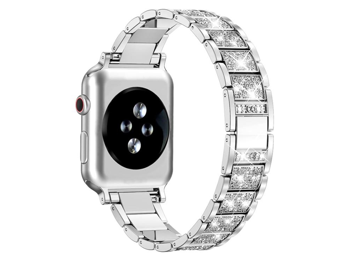 Bracelete Para Apple Watch 46/49/45/44mm - Aço Inoxidável Com Joias De Diamante Prateada