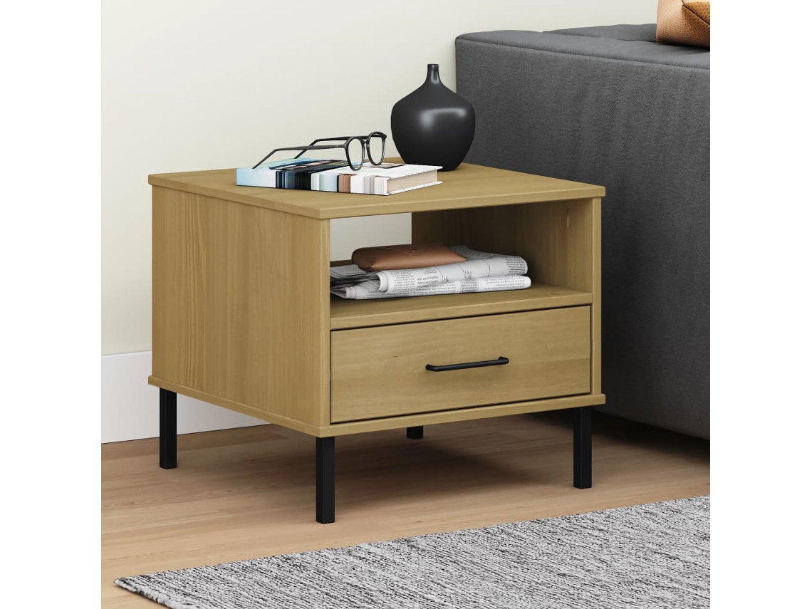 Vidaxl Mesa De Cabeceira C/ Pernas De Metal Oslo Pinho Maciço Castanho