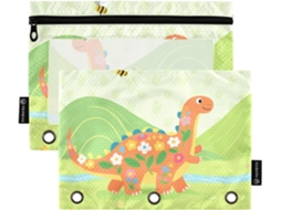 Pasta Verde Com Estampa De Dinossauro Desenho Animado, Fecho Transparente, Estojo Grande E Resistente, 3 Compartimentos