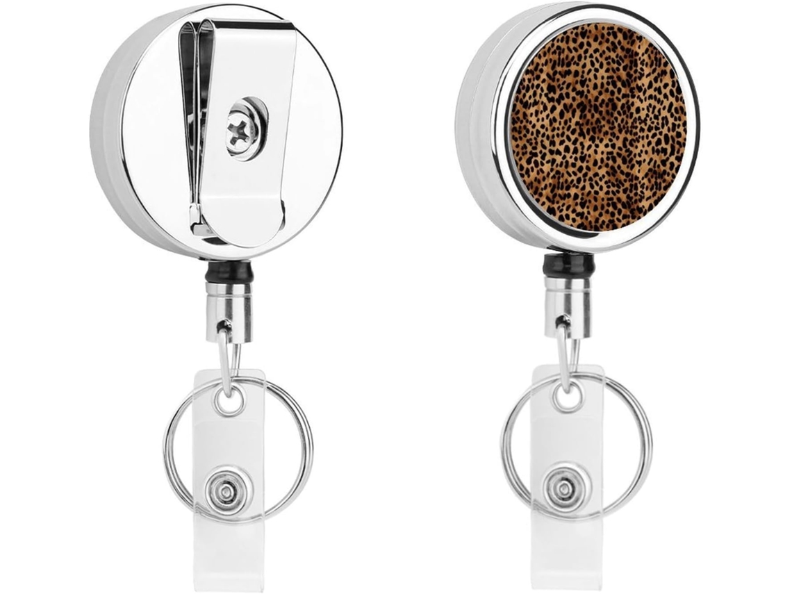 Chaveiro Retrátil Redondo Com Estampa De Leopardo, Em Aço Inoxidável, Resistente, Com Cordão De Nylon E Clipe Cinto