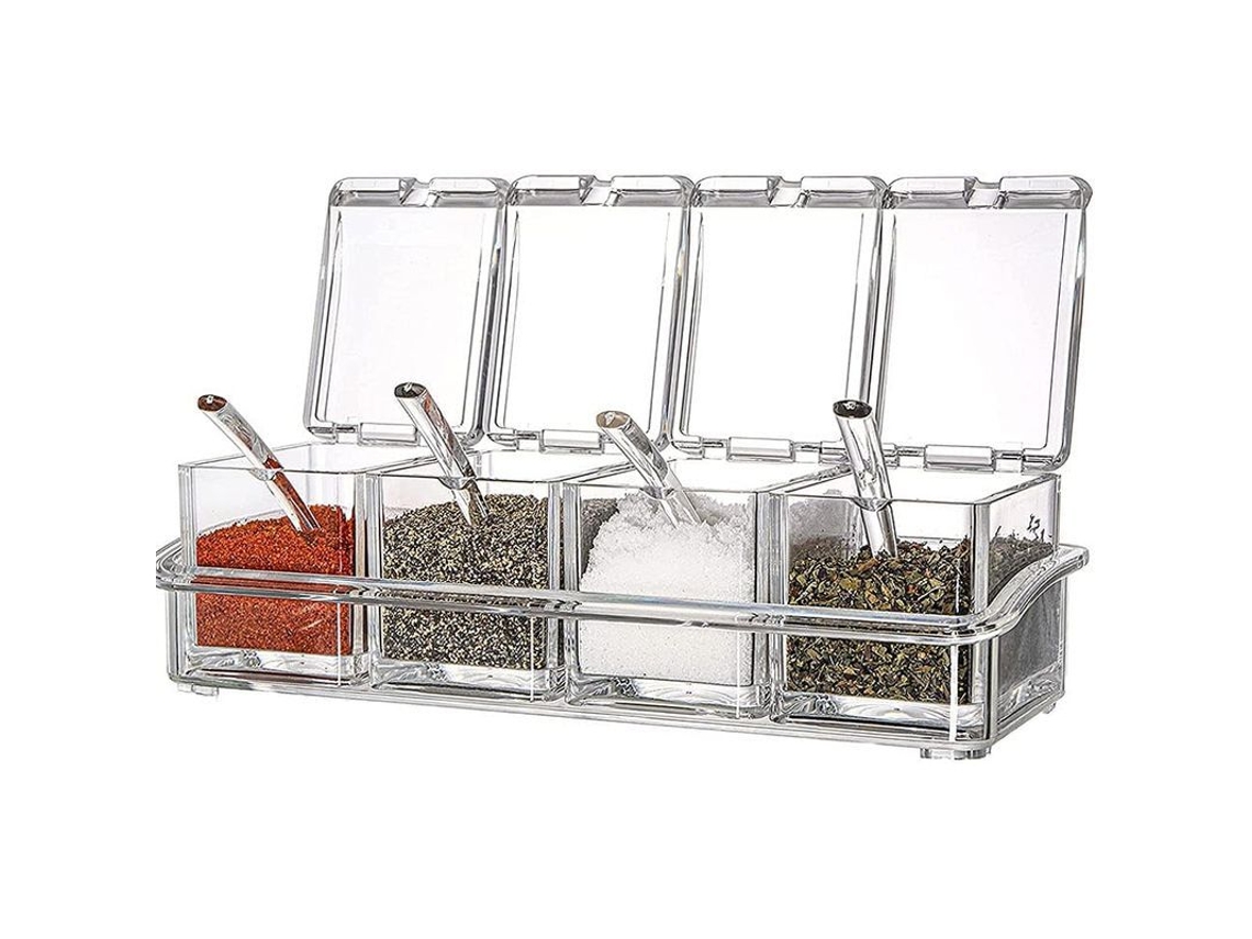 Set De 4 Caixas De Condimentos Transparentes Com Colheres E Base Antideslizante Para Armazenamento Na Cozinha