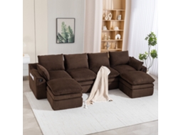 Sofá Modular 4 Lugares (2 Pufes) – Almofadas, 2 Bolsos, Espuma 3 Camadas + Molas, Montagem Livre, Marrom.