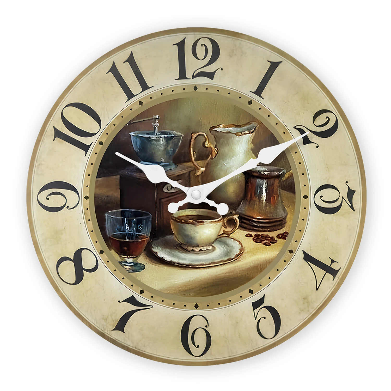 Relógio De Parede De Madeira Vintage (35,5 Cm) Com Padrão De Xícara De Café, Relógio De Quartzo Silencioso
