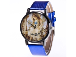 Reloj De Cuarzo Para Mujer Con Correa De Cuero Pu, Dial Redondo Y Patrón De Ángel (azul)