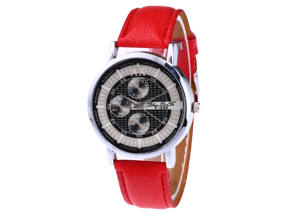 Relógio de pulso masculino Zhoulianfa com mecanismo de quartzo e pulseira de couro PU vermelha.