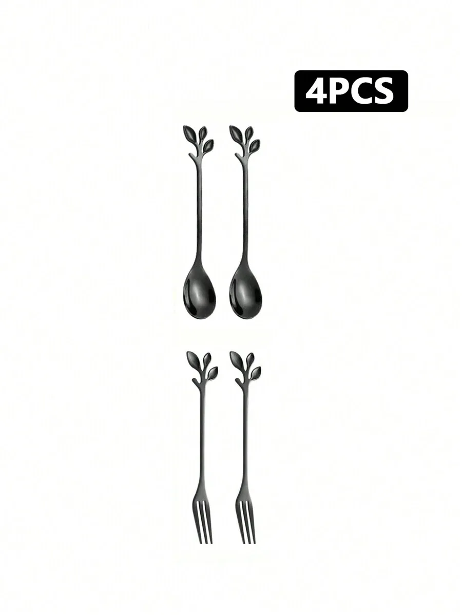Conjunto De 4 Peças Na Cor Preta: Garfo De Sobremesa E Colher De Café Em Aço Inoxidável Com Cabo Em Formato De Folha.