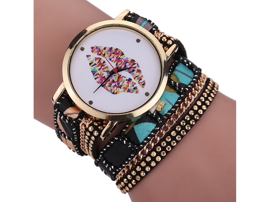 Relógio de Pulso Feminino Estilo Étnico de Múltiplas Camadas com Mostrador Branco e Pulseira Preta