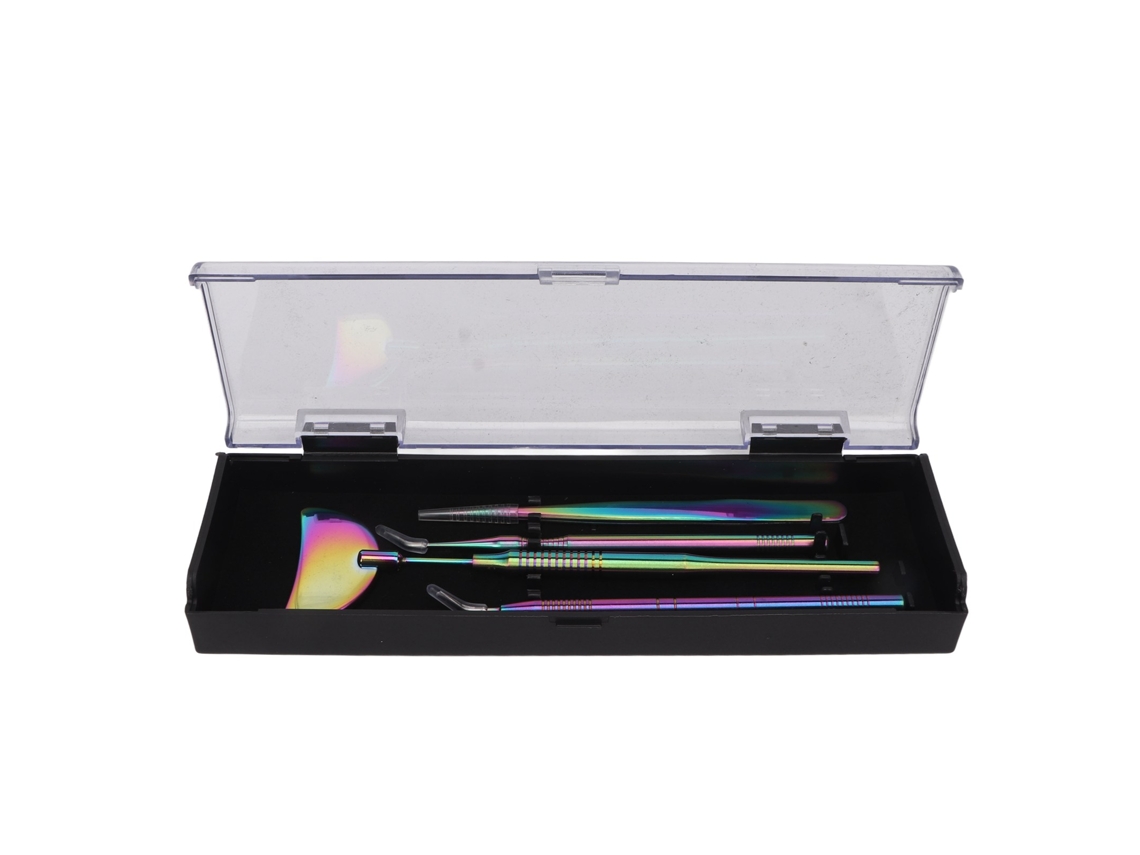 Kit De Pinças E Espelho Para Extensão De Cílios Inox Universal Com Grip Antiderrapante Colorido 4 Peças