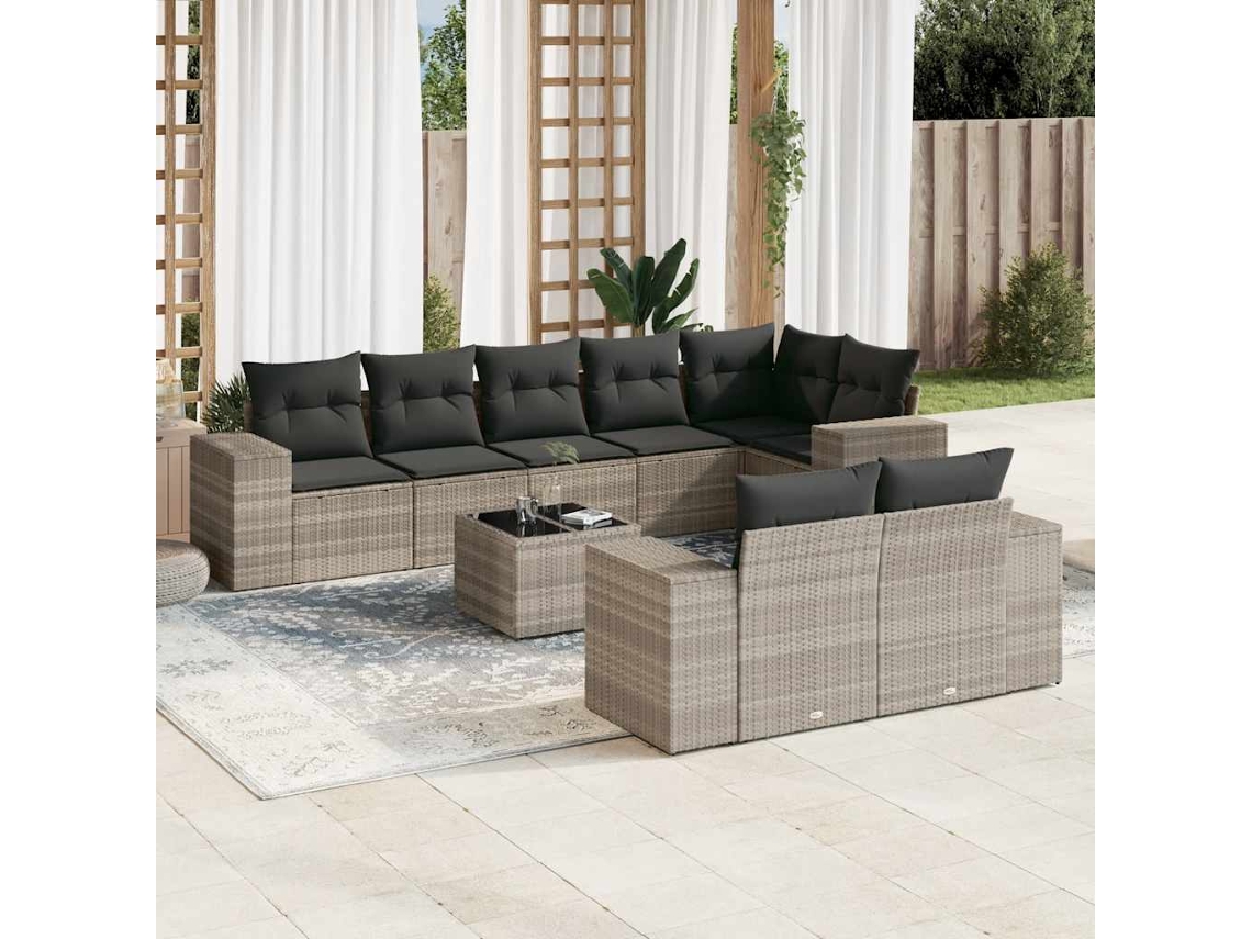 Vidaxl 9 Pcs Conj. Sofás Jardim Com Almofadões Vime Pe Cinzento-claro