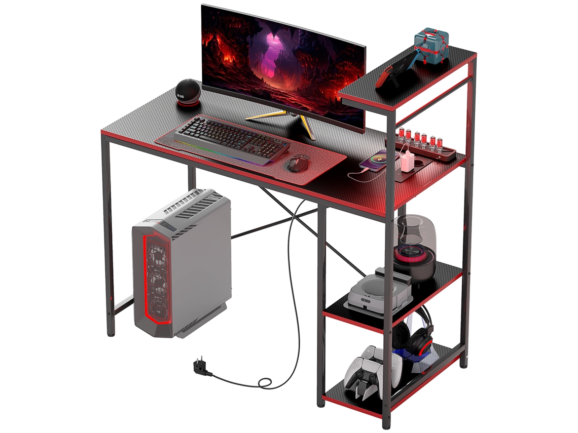 Secretária Gaming Com Luzes Led 100x50 Cm De Fibra De Carbono Com Tomadas De Corrente E Controlo Remoto Preto