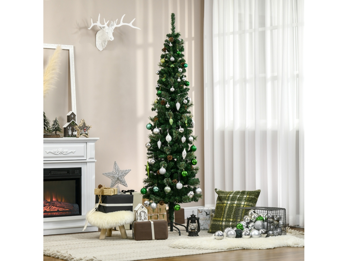Árvore de Natal Artificial 195 Cm Arbusto com 556 Ramos Slim e 25 Pinhas Base Dobrável Ø54x195 Cm Verde