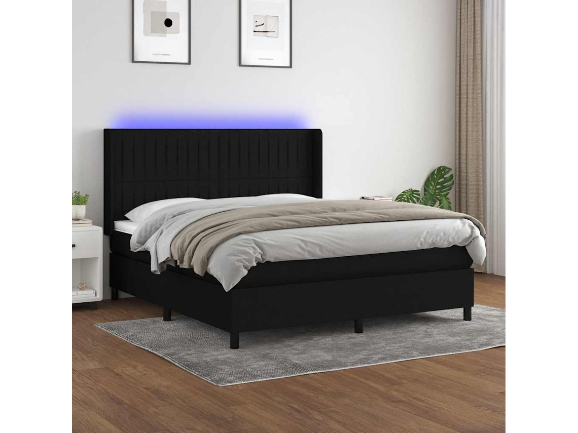 Vidaxl Cama Box Spring C/ Colchão E Led 160x200 Cm Tecido Preto