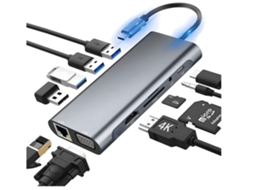 Hub Usb C Ethernet Rj45 Vga Porta Usb 100W Pd Aux Leitor de Cartão Sd/Tf Compatível para Macbook Xps Surface e Mais Laptop Tipo C Cinza
