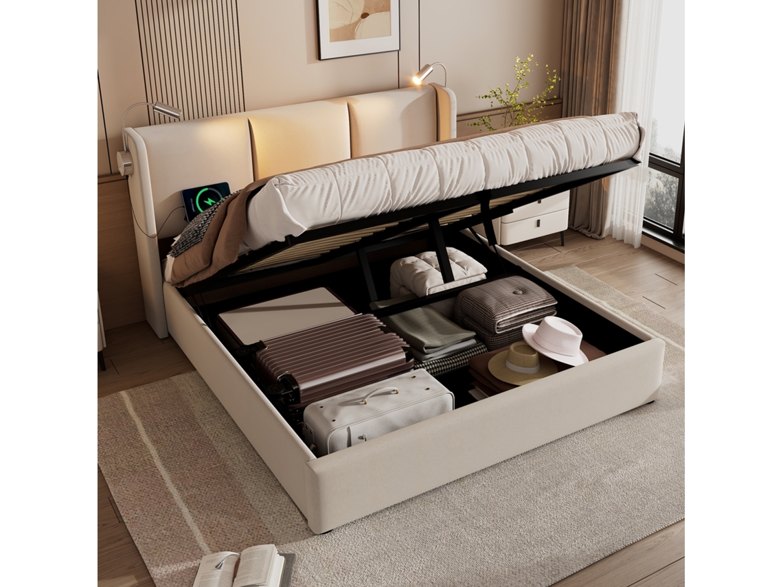 Cama Estofada 160x200 Linho Com Baú Usb Luz Leitura