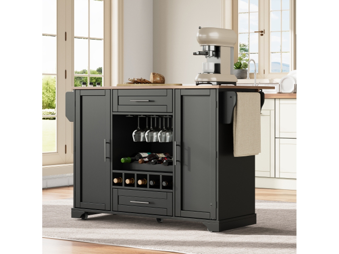 Carrinho de Cozinha LYYTUNG com Bancada Dobrável, ilha de Cozinha Móvel com Adega, suporte para Copos, prateleira de Temperos (120x45/70x92 cm)