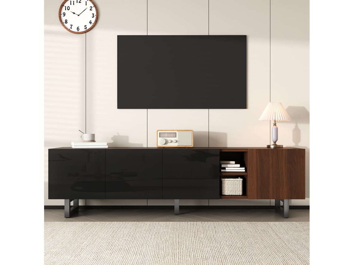 Móvel para TV KOMHTOM, 180x38x50 cm, 4 portas brilhantes sem puxador, minimalista, pés em metal, resistente, preto e madeira