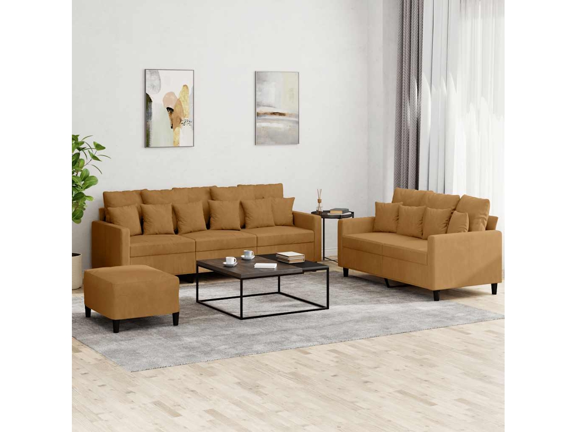 Vidaxl 3 Pcs Conjunto De Sofás Com Almofadões Veludo Castanho