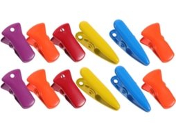 Conjunto de 12 prendedores metálicos coloridos com fixação segura e núcleos grandes e variados, ideais para uso escolar diário.