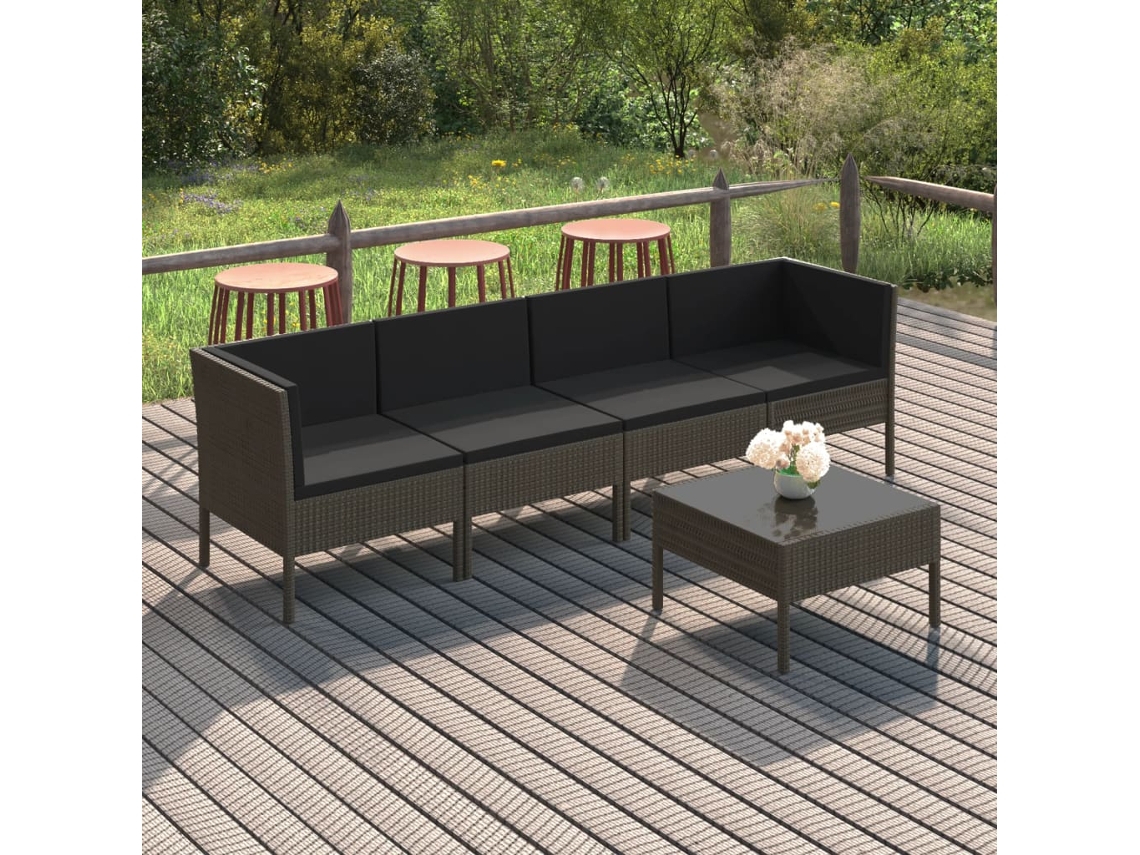 Vidaxl 5 Pcs Conjunto Lounge De Jardim C/ Almofadões Vime Pe Cinzento