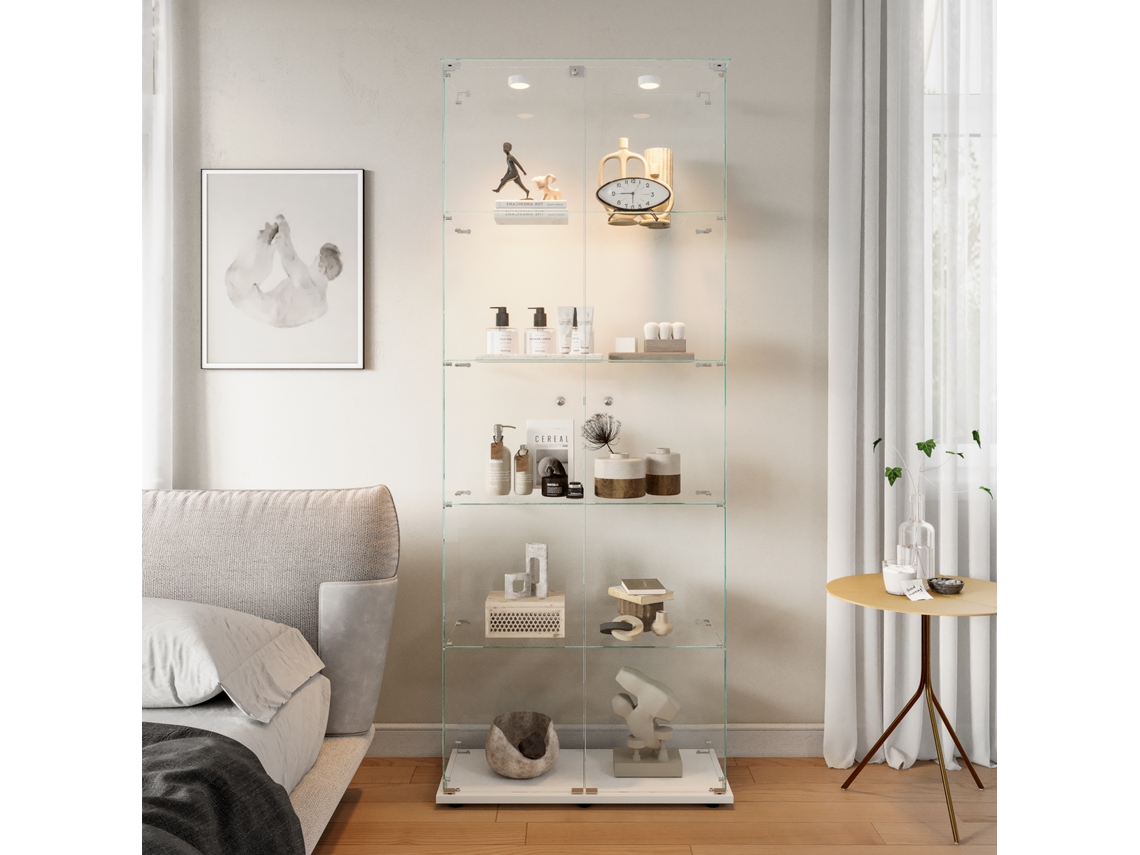 Vitrine De Vidro De 5 Camadas Com 2 Portas De Vidro, Luz De Toque, Para Livros De Coleção, Vinhos, 186,5 X 78,5 X 34,5 Cm (com Luzes Led, Branca)