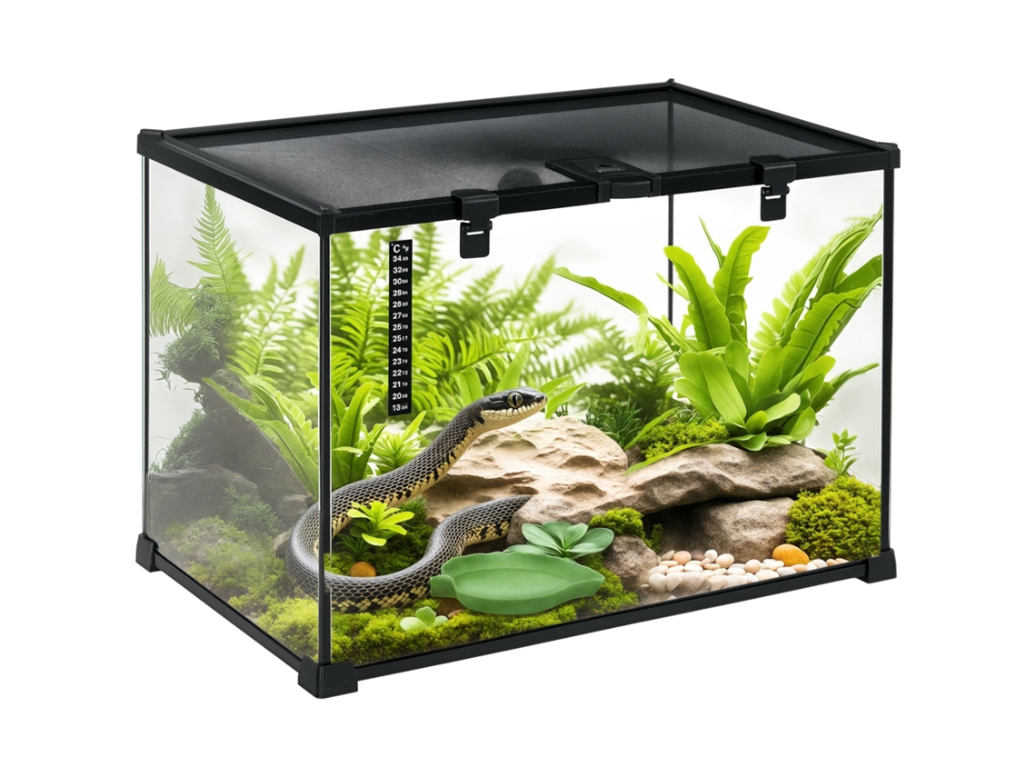 Terrário Répteis 50x30x35cm, Vidro/metal, Termômetro, Preto, Anfíbios/aracnídeos/reprodução