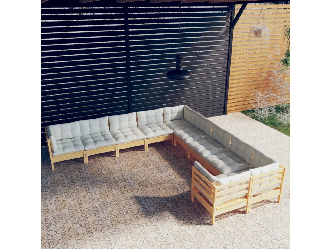 Vidaxl 10 Pcs Conjunto Lounge De Jardim C/ Almofadões Cor Creme Pinho