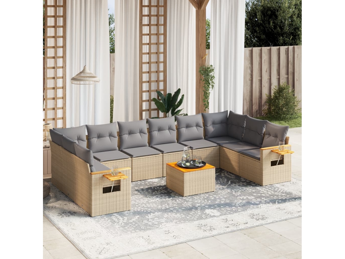 Vidaxl 11 Pcs Conjunto Sofás De Jardim C/ Almofadões Vime Pe Bege