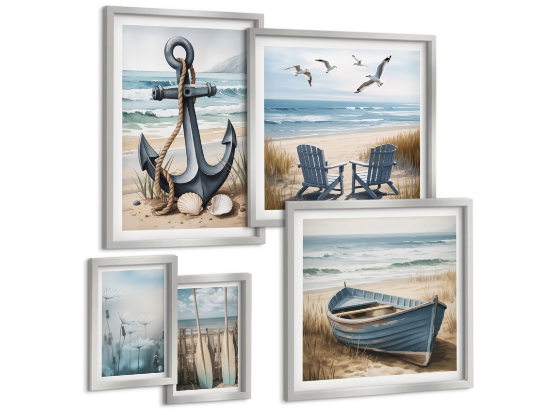Conjunto De Pinturas Estilo Litorâneo Inspirações Mar Praia Espelharte (5 Peças)