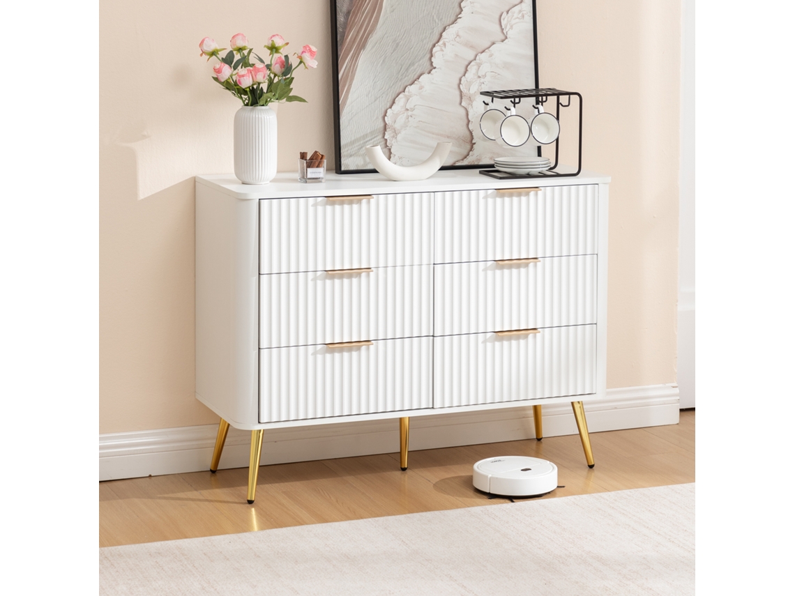 Cômoda 6 Gavetas, Baú Branco Moderno, Puxadores Metal, Corrediças Suaves, Mdf Resistente, Anti-tombo, Pernas 20cm Para Robô Aspirador.
