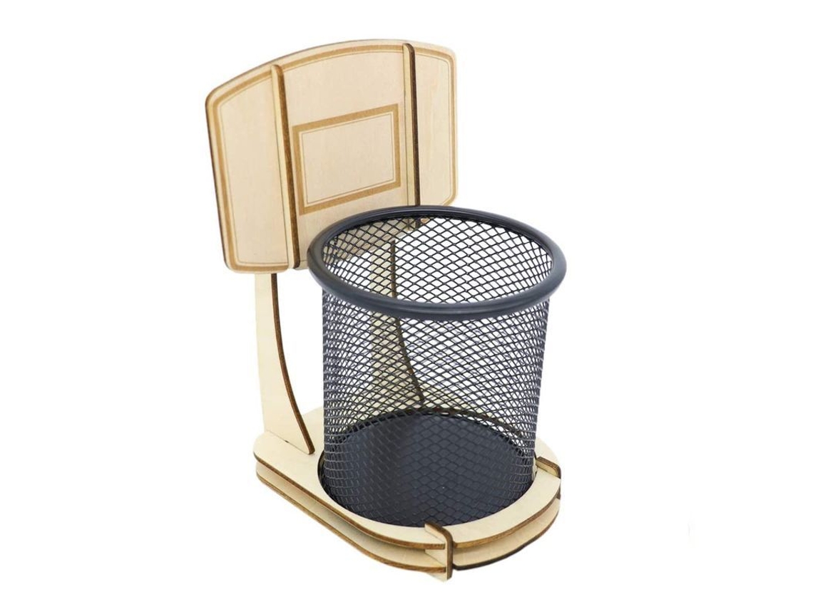 Porta-lápis criativo 2026rebe, organizador de mesa de madeira com design de cesta de basquete.