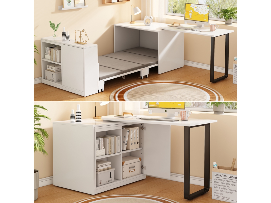 Cama De Parede 2 Em 1 Com Secretária, Estrutura Metálica, Colchão 4 Cm, Rodízios, Guarda-roupa E Arrumação, Branca