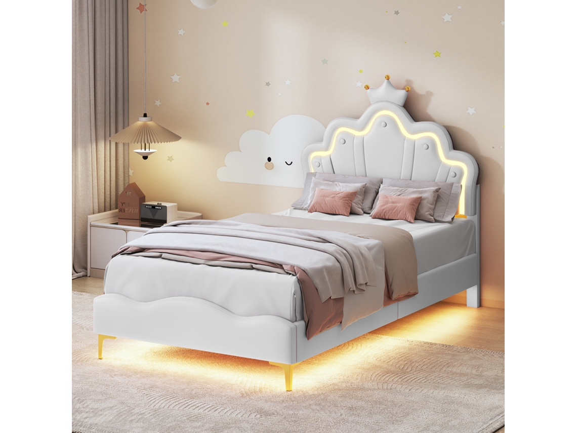 Cama infantil estofada 90x200cm em formato de coroa com LED e cabeceira ajustável branca INONEFT