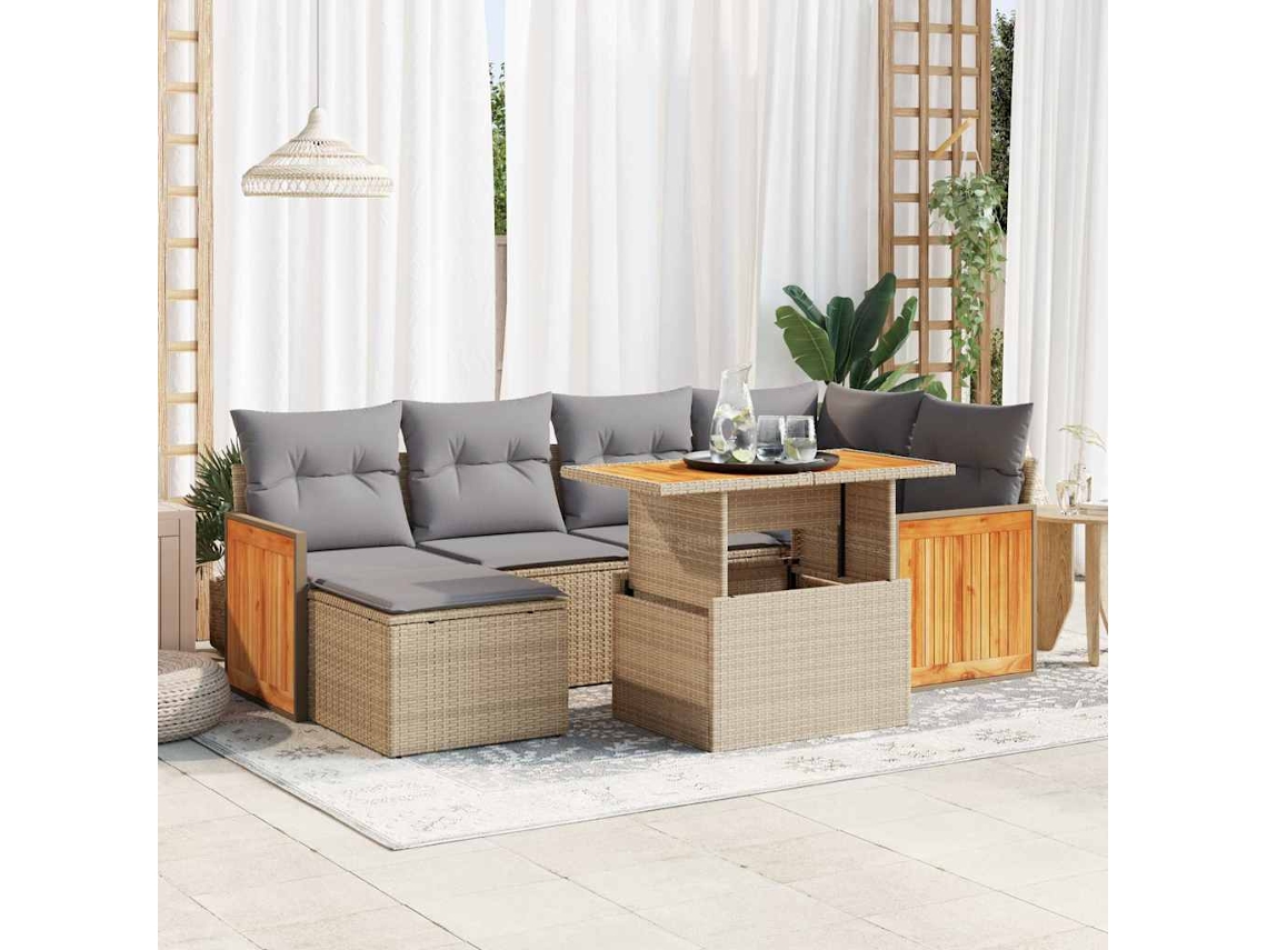 Vidaxl 7 Pcs Conjunto Sofás Jardim com Almofadões Vime Pe/acácia Bege