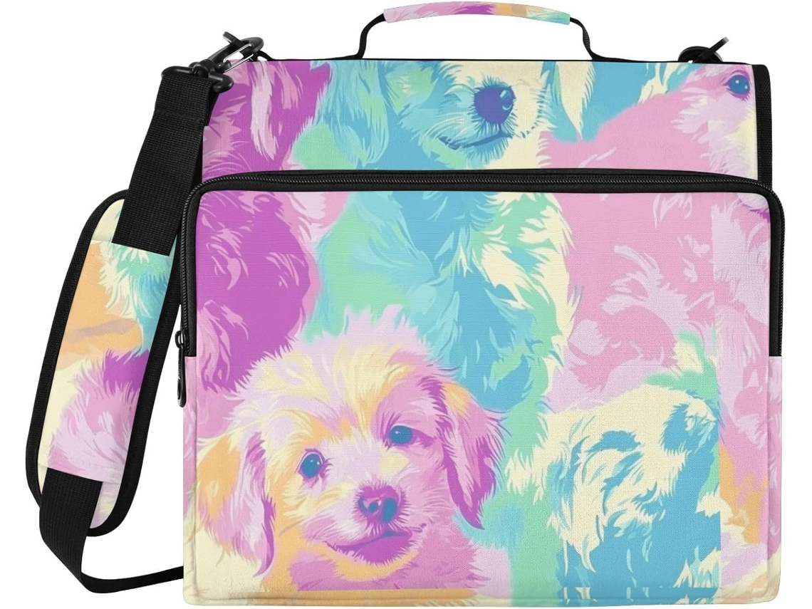 Mochila colorida com estampa de cachorrinho dos sonhos, 3 alças de 1,5 cm de comprimento, alça de ombro e alça transversal, inclui bolsa com zíper escolar.