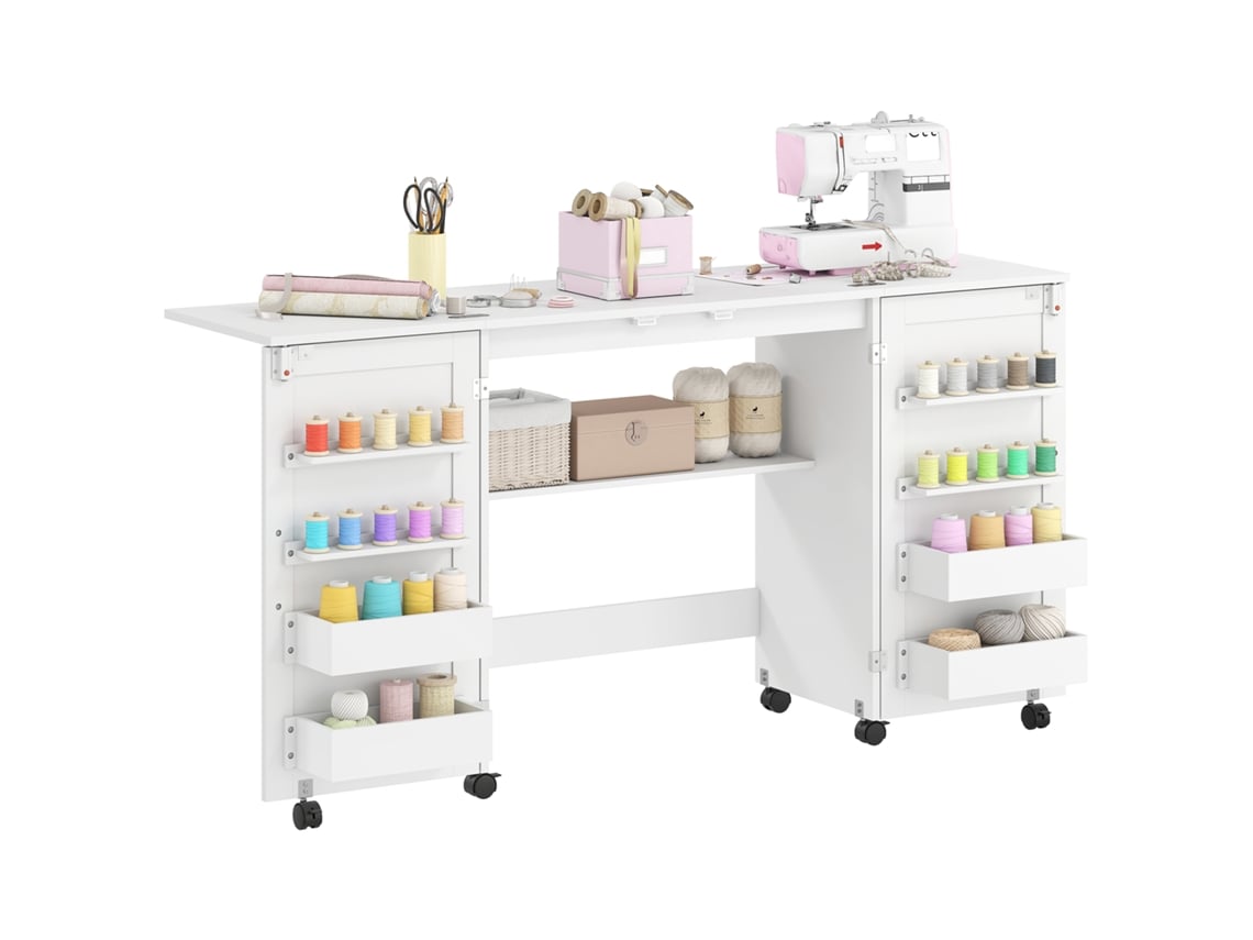 Mesa de costura dupla, armário de costura com rodas, 2 suportes magnéticos, 4 caixas, 20 ganchos, 160x40x81,5cm, Branco Didoji