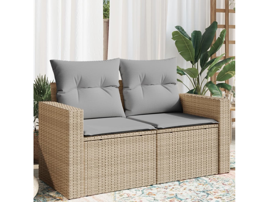Vidaxl Sofá De Jardim De 2 Lugares Com Almofadões Vime Pe Bege