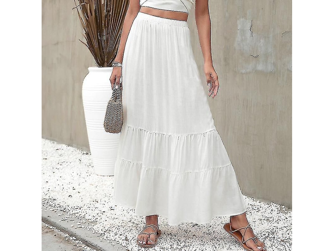 Saia Maxi Feminina Boho De Cor Solida Com Volante Cintura Alta Leve Confortavel Para Verões E Ocasiões Casuais Branco