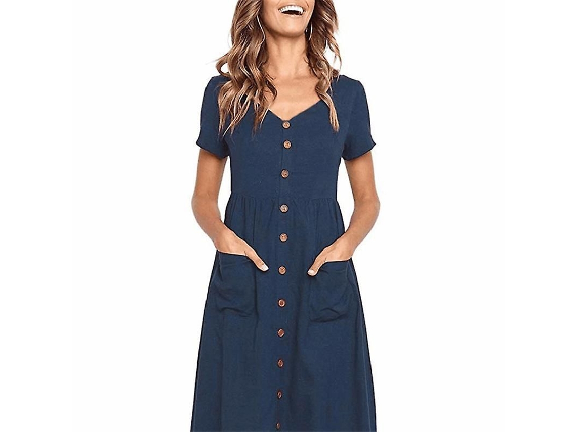 2026 vestido Casual para Mulher Verão Midi Manga Curta Gola em V Botões a Line com Bolsos