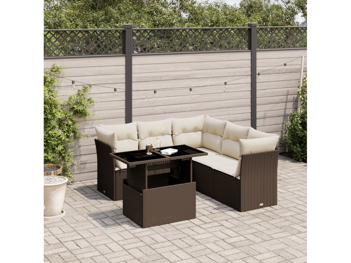 6 Pcs Conjunto De Sofá Jardim C/ Almofadões Vime Pe Marrom Dkd Home Decor