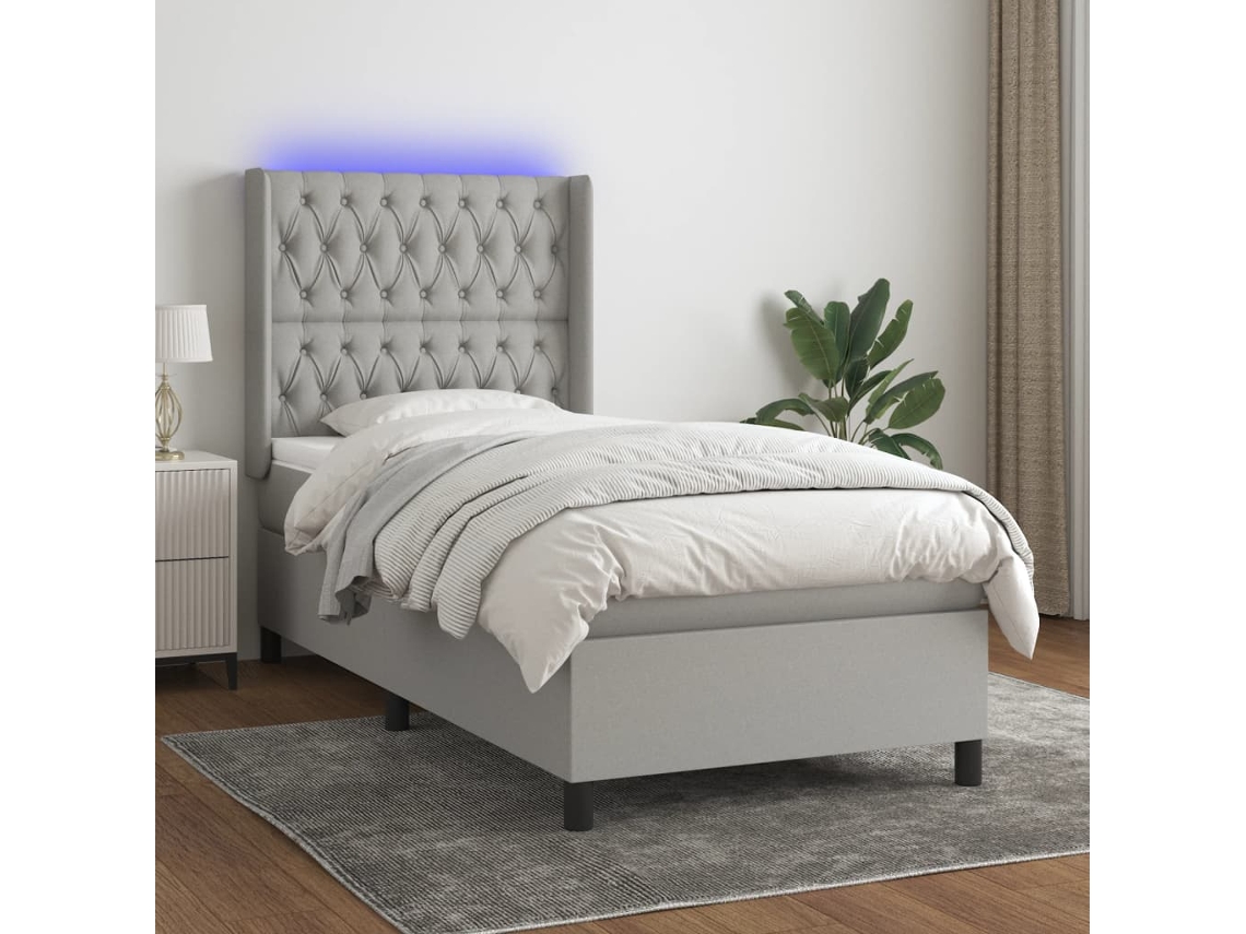 Vidaxl Cama Box Spring C/ Colchão E Led 100x200 Cm Tecido Cinza-claro