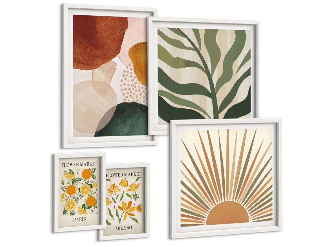 Um Conjunto De Imagens Decorativas Em Uma Moldura Folhas Com Formas Geométricas Moldura Branca Pinturas De Quarto Espelharte (conjunto De 5 Imagens)